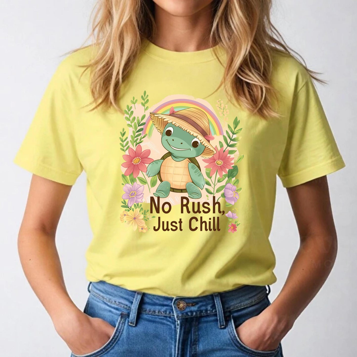 Kids Turtle Summer Shirt - No Rush Just Chill Quote Tee, Pastel Animal Toddler T Shirt, Kawaii Beach Slow Life Gift AA98
