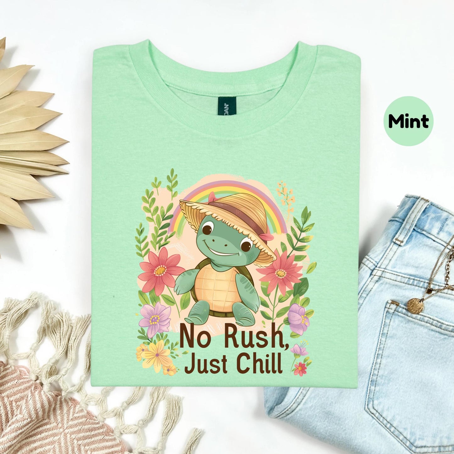 Kids Turtle Summer Shirt - No Rush Just Chill Quote Tee, Pastel Animal Toddler T Shirt, Kawaii Beach Slow Life Gift AA98