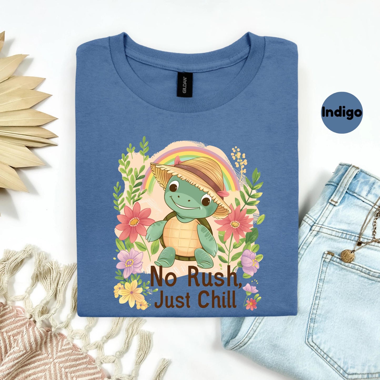Kids Turtle Summer Shirt - No Rush Just Chill Quote Tee, Pastel Animal Toddler T Shirt, Kawaii Beach Slow Life Gift AA98