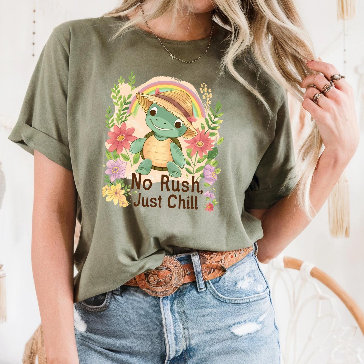 Kids Turtle Summer Shirt - No Rush Just Chill Quote Tee, Pastel Animal Toddler T Shirt, Kawaii Beach Slow Life Gift AA98