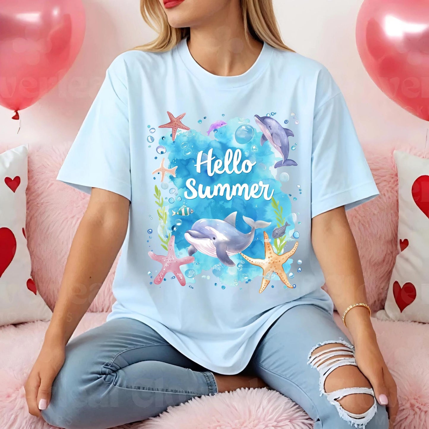 Unisex Summer Dolphin Tee - Hello Summer Ocean Shirt with Starfish and Bubbles, Family Beach Vacation Matching Outfit AA99