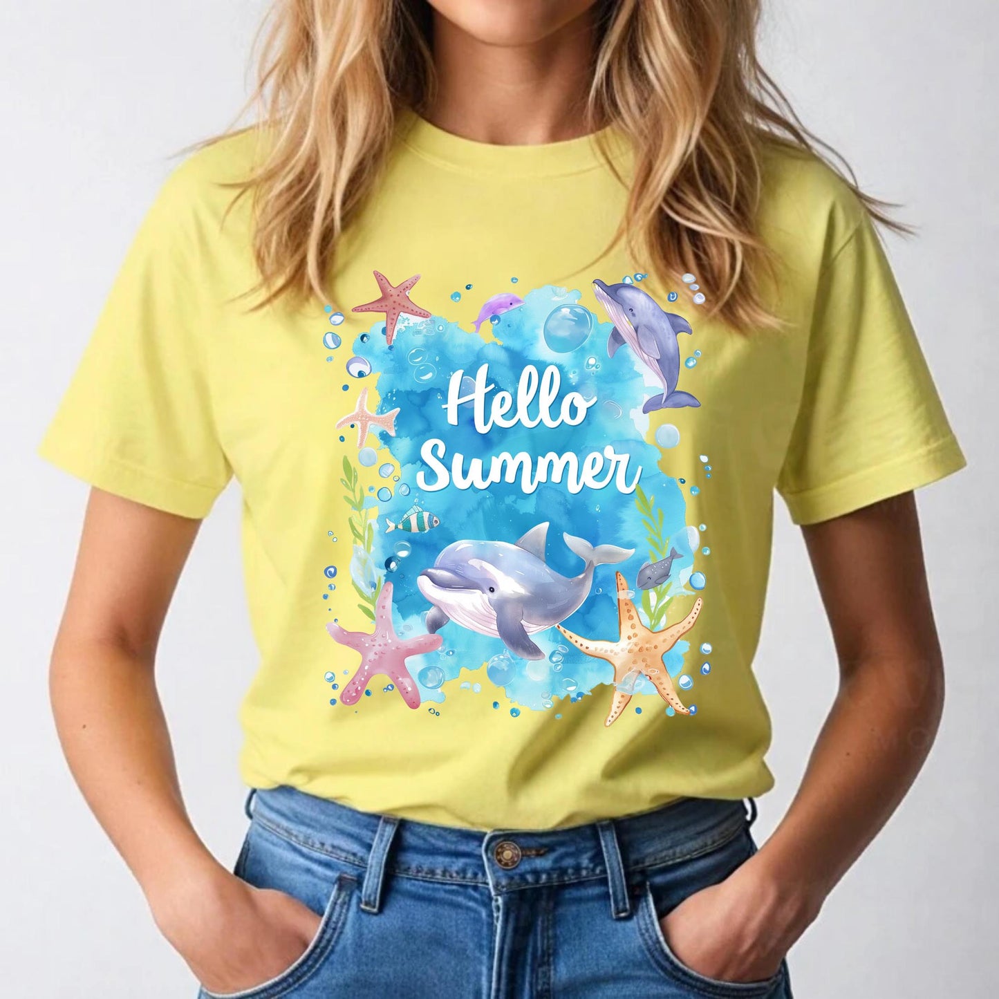 Unisex Summer Dolphin Tee - Hello Summer Ocean Shirt with Starfish and Bubbles, Family Beach Vacation Matching Outfit AA99