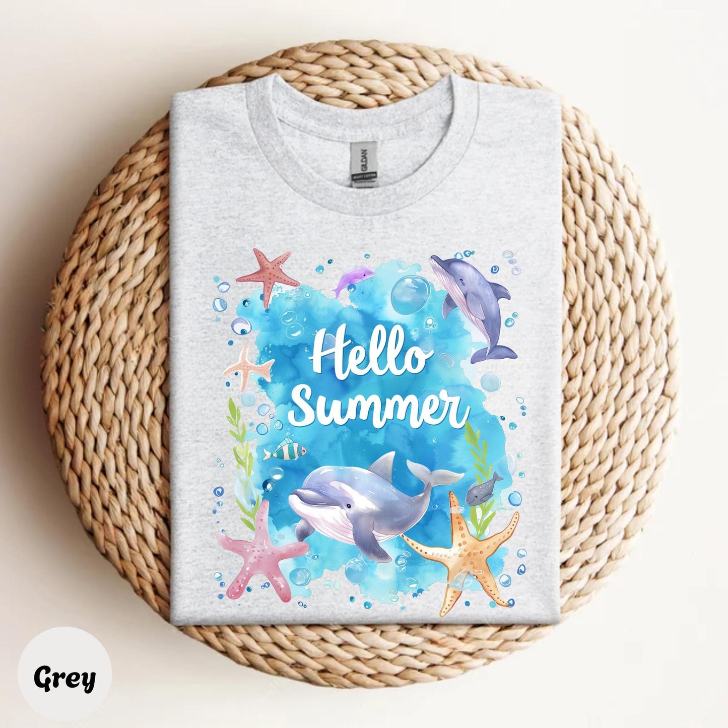 Unisex Summer Dolphin Tee - Hello Summer Ocean Shirt with Starfish and Bubbles, Family Beach Vacation Matching Outfit AA99