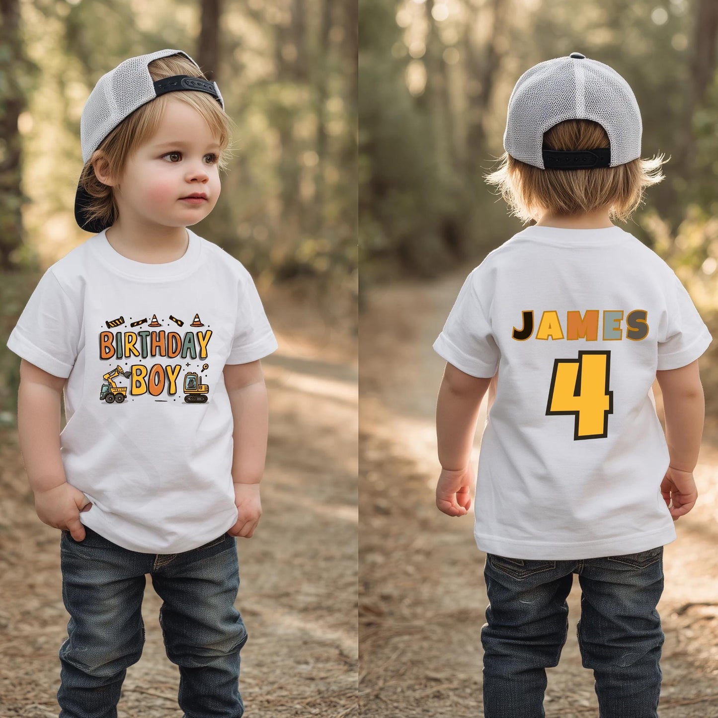 Custom Name Construction Birthday Shirt for Toddler Boys - Personalized Digger Party Tee with Age Number Back Print AA92