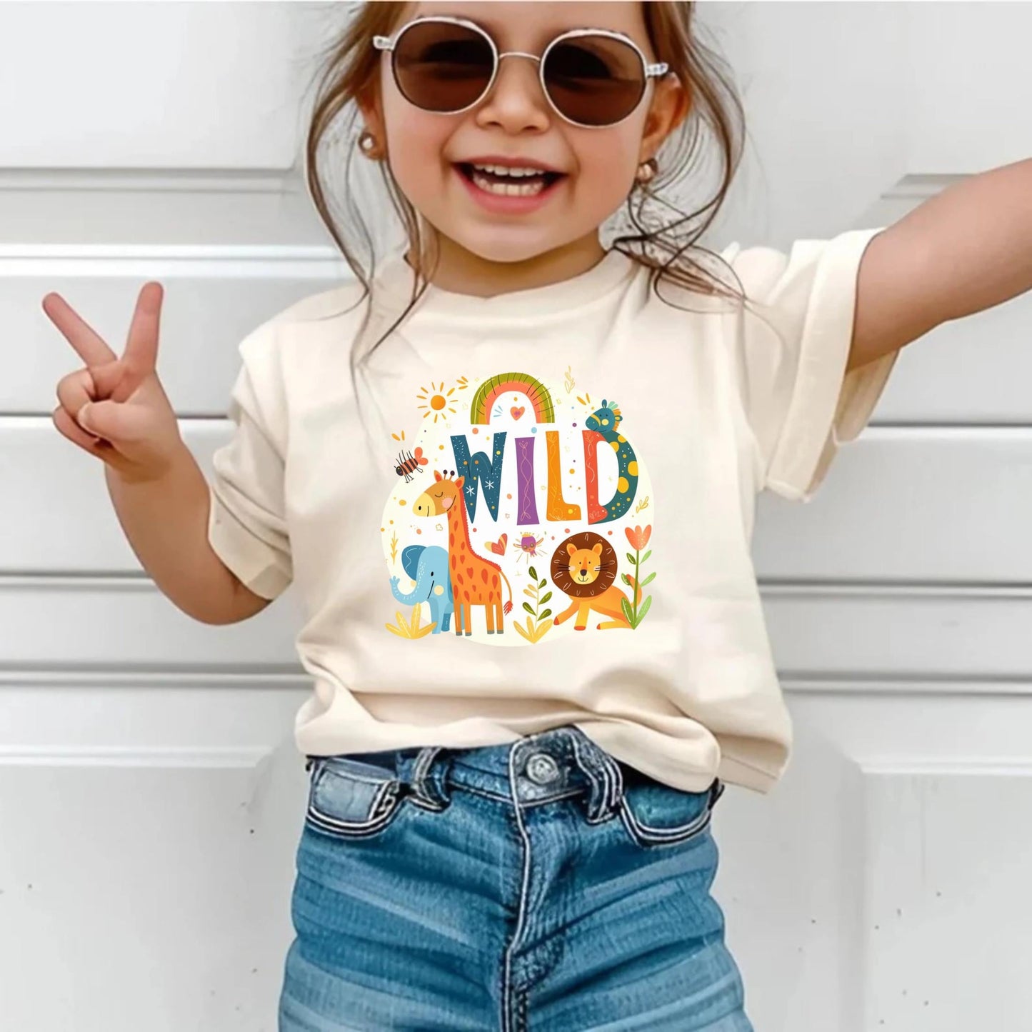 Boho Jungle Wild Animal Shirt for Kids - Giraffe Lion Elephant Safari Toddler Tee for Girls Birthday or Everyday Fun AA100