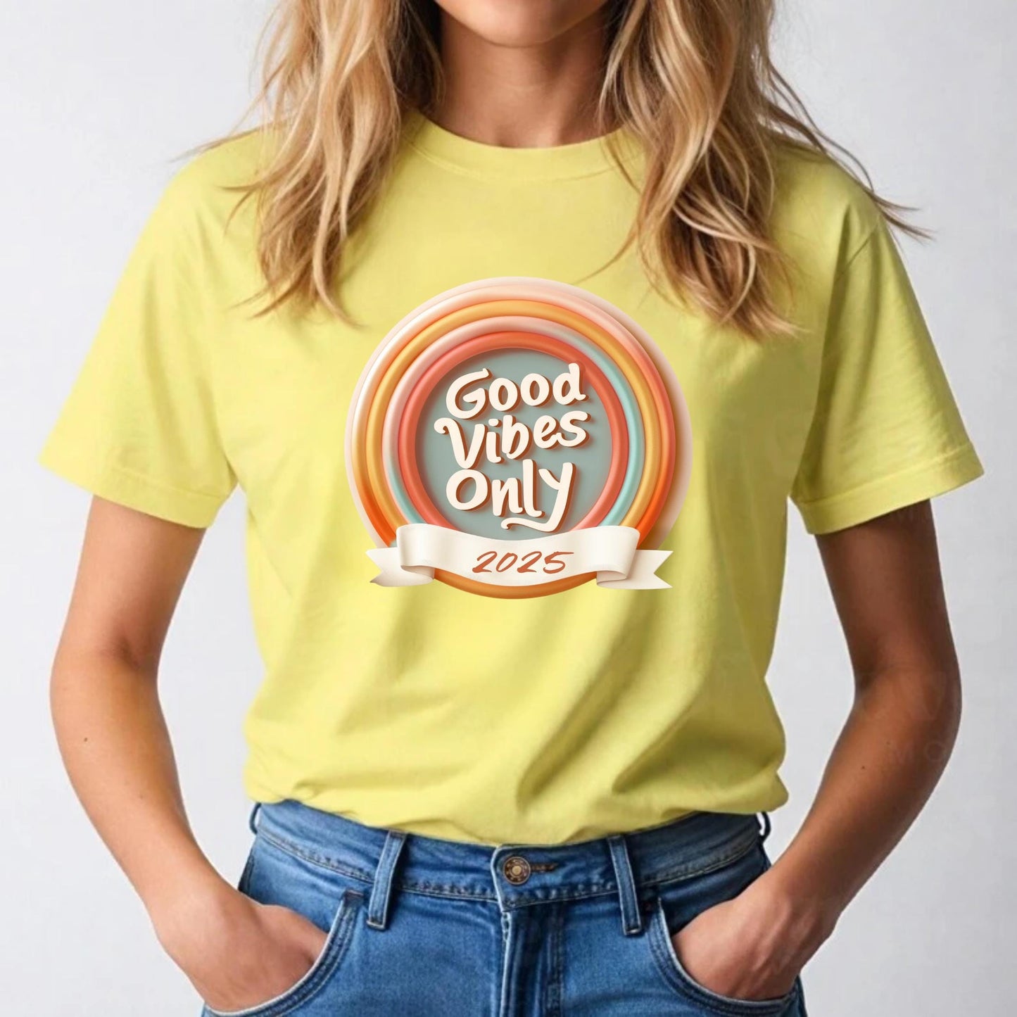 2025 Good Energy T-Shirt – Motivational Retro Tee with Rainbow Design – New Year Positive Vibes Shirt Gift AA107