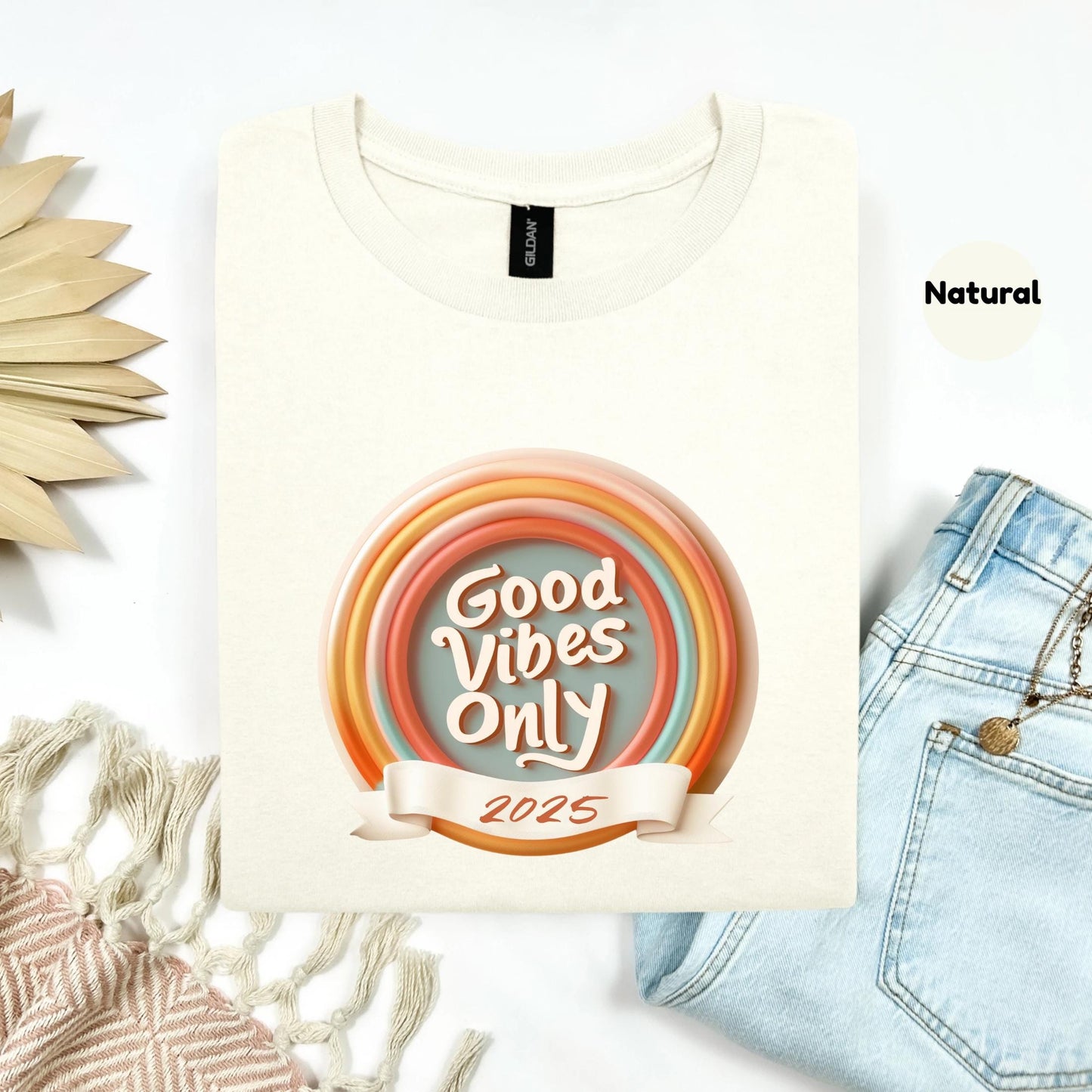 2025 Good Energy T-Shirt – Motivational Retro Tee with Rainbow Design – New Year Positive Vibes Shirt Gift AA107