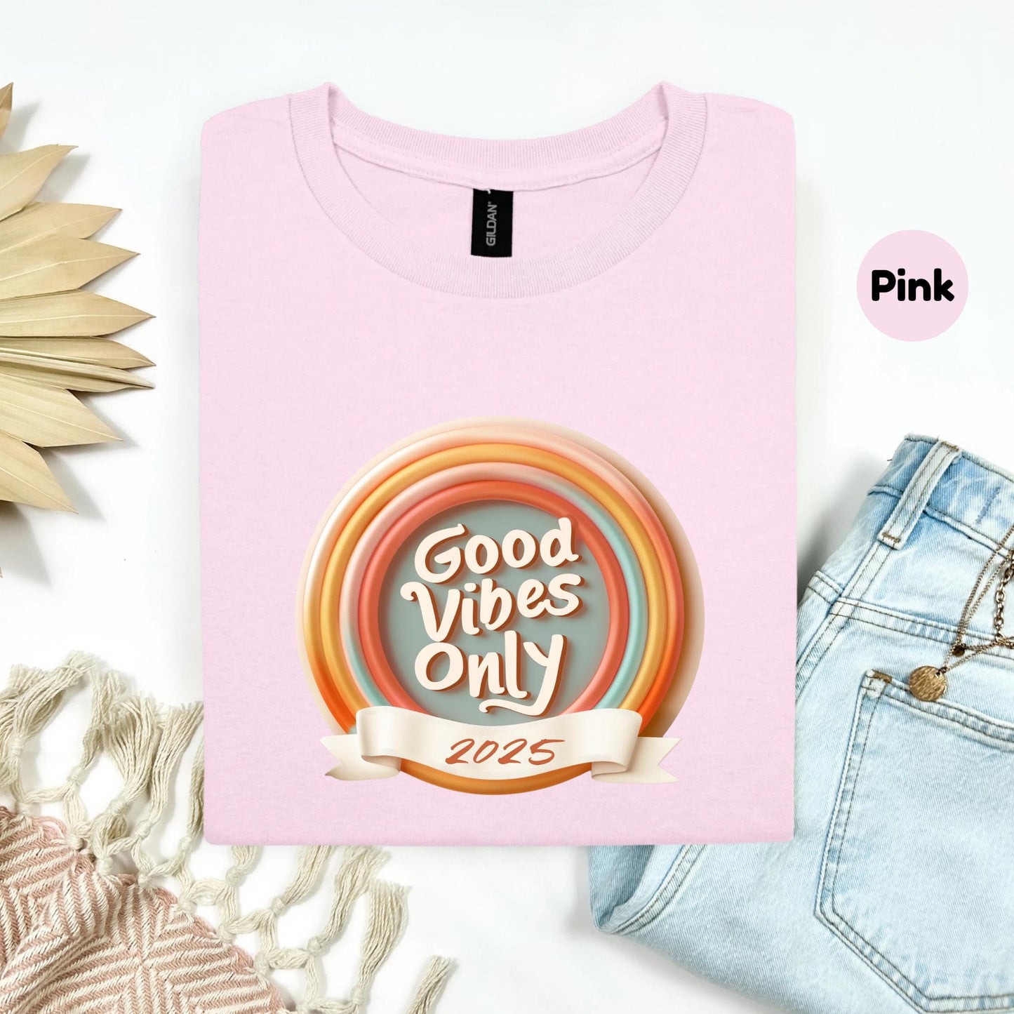 2025 Good Energy T-Shirt – Motivational Retro Tee with Rainbow Design – New Year Positive Vibes Shirt Gift AA107