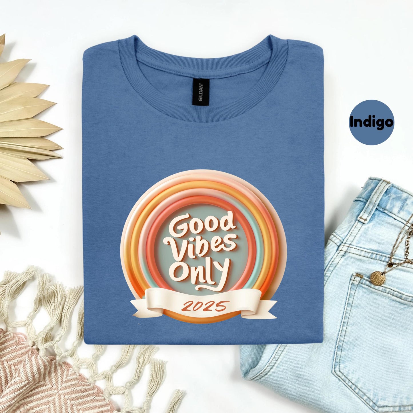 2025 Good Energy T-Shirt – Motivational Retro Tee with Rainbow Design – New Year Positive Vibes Shirt Gift AA107