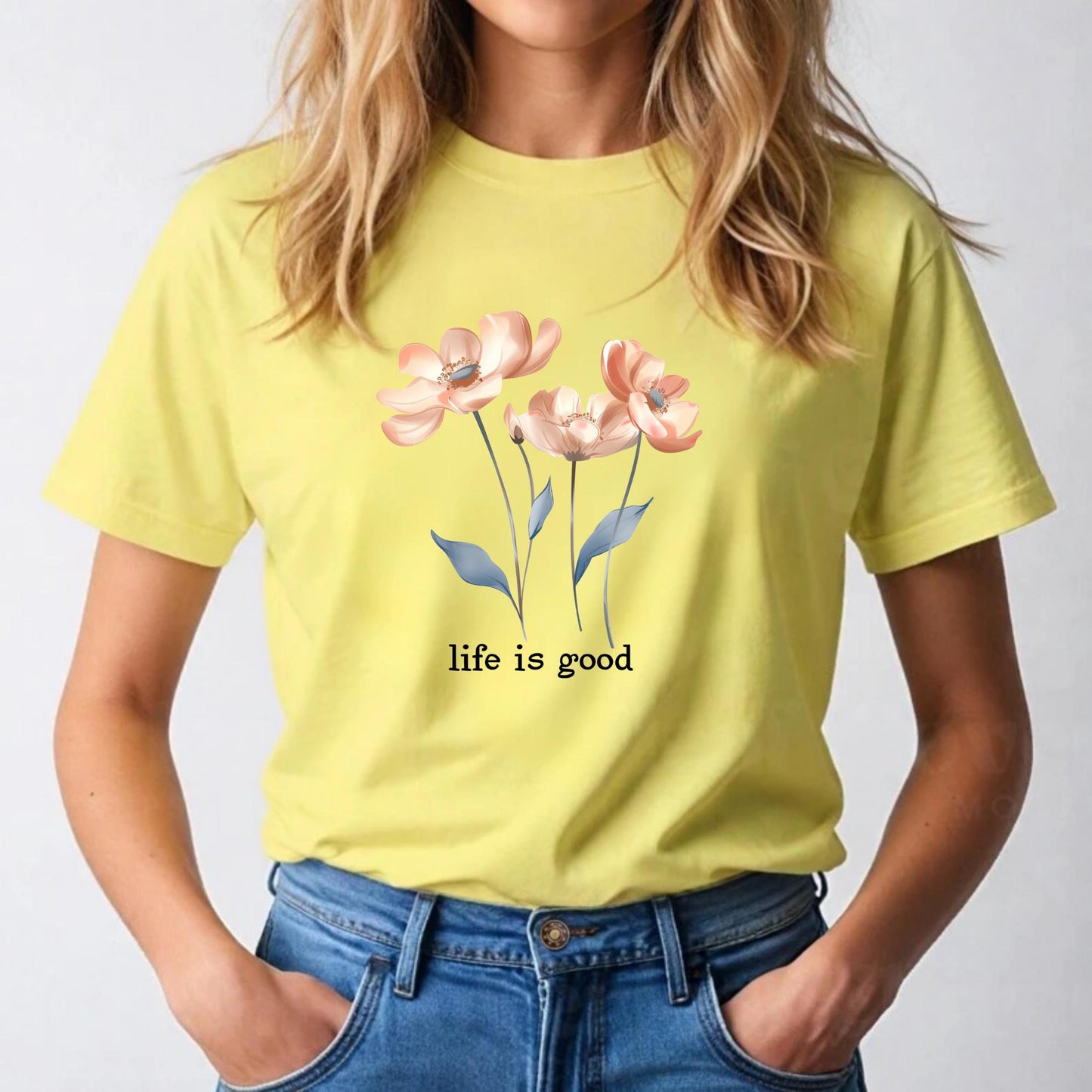 Minimal Floral Life Is Good Shirt Women’s Motivational Quote Tee Modern Graphic TShirt Soft Calm Self Care Daily Outfit AA109