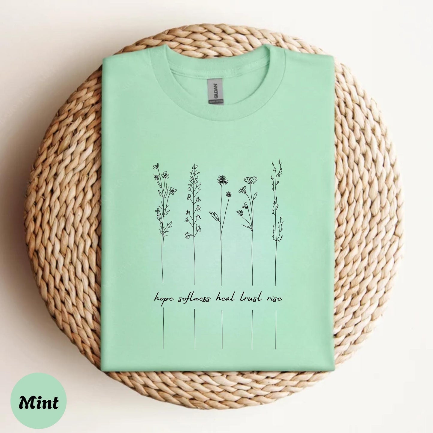 Mental Health Graphic Tee – Line Drawing Flower Shirt – Hope Heal Rise Words Tee – Soft Boho Self Care Aesthetic T-Shirt AA117