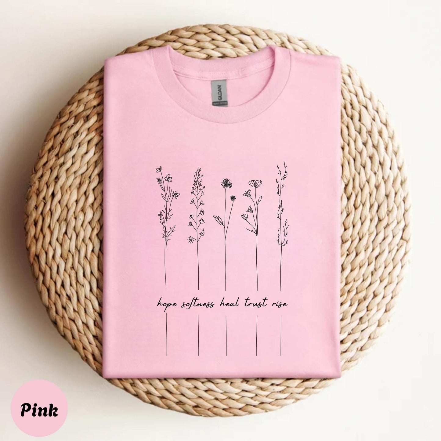 Mental Health Graphic Tee – Line Drawing Flower Shirt – Hope Heal Rise Words Tee – Soft Boho Self Care Aesthetic T-Shirt AA117