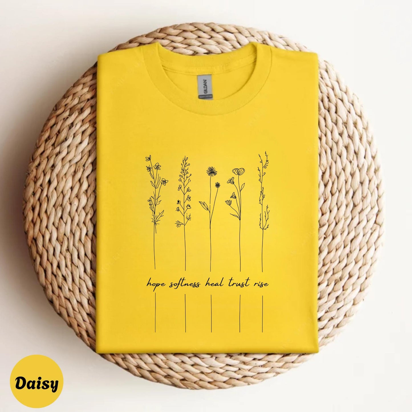 Mental Health Graphic Tee – Line Drawing Flower Shirt – Hope Heal Rise Words Tee – Soft Boho Self Care Aesthetic T-Shirt AA117