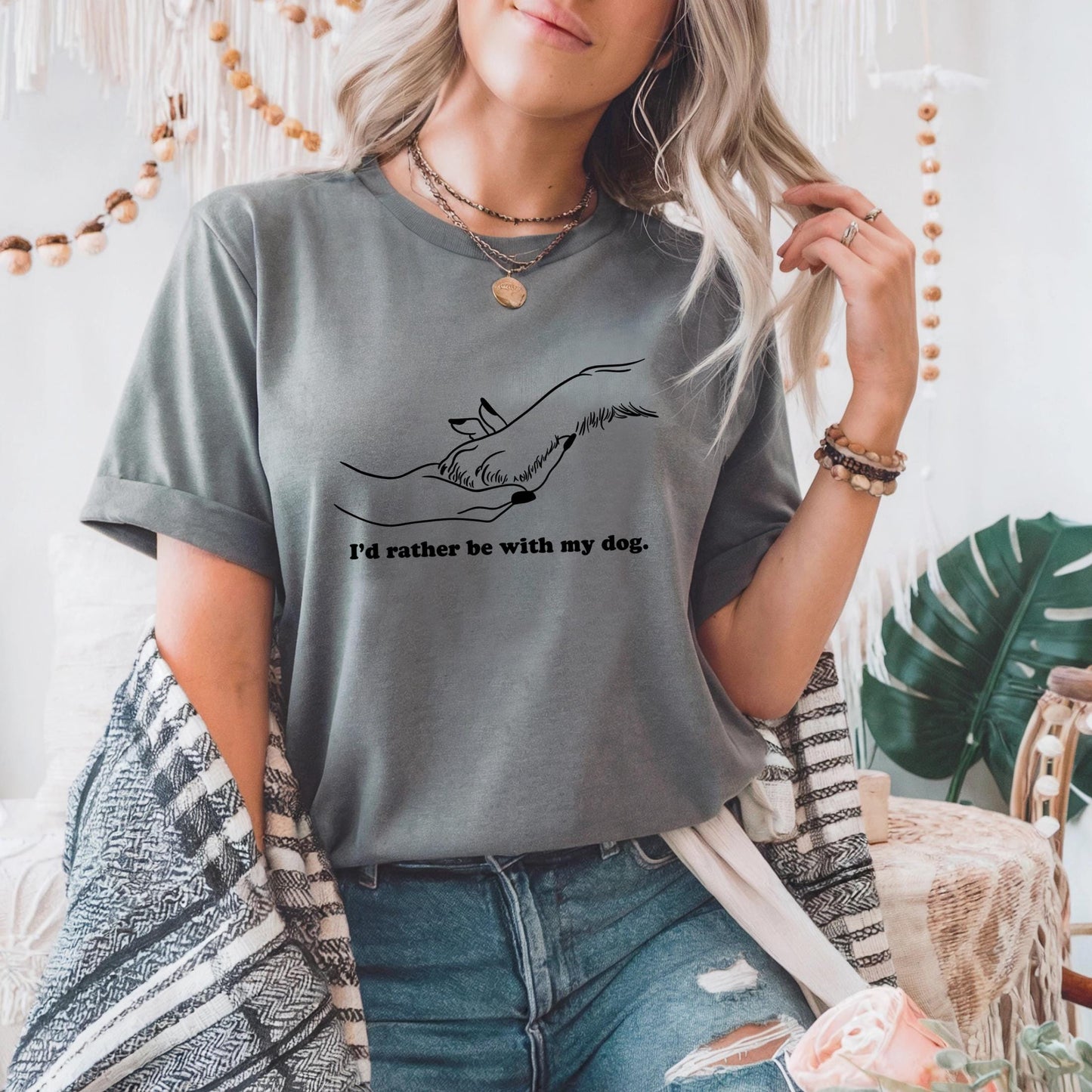Dog Lover Hand Holding Paw Shirt – I'd Rather Be With My Dog Tee – Minimalist Pet Bond Graphic T-Shirt for Women AA138