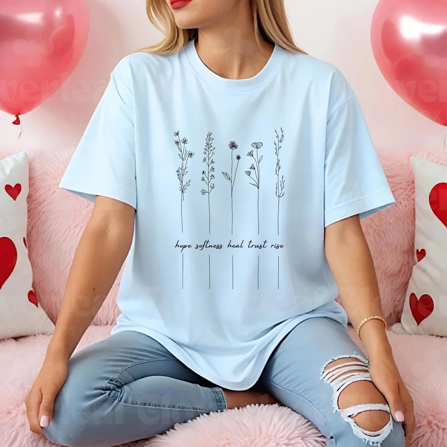Mental Health Graphic Tee – Line Drawing Flower Shirt – Hope Heal Rise Words Tee – Soft Boho Self Care Aesthetic T-Shirt AA117