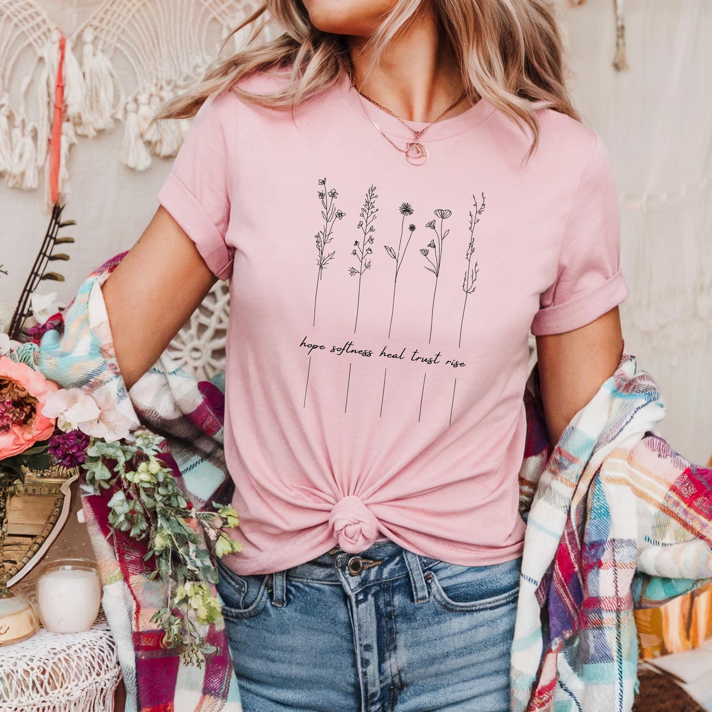 Mental Health Graphic Tee – Line Drawing Flower Shirt – Hope Heal Rise Words Tee – Soft Boho Self Care Aesthetic T-Shirt AA117