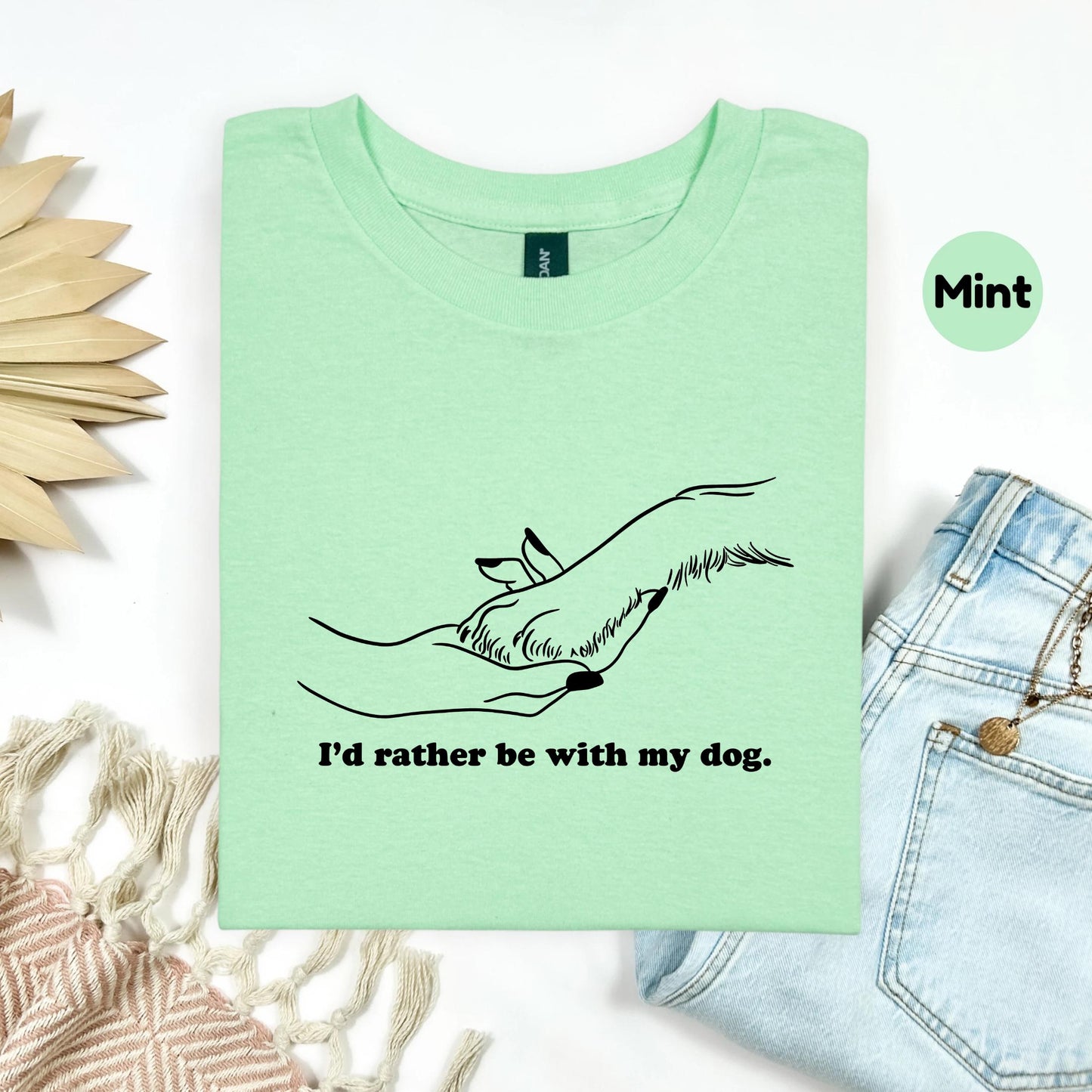 Dog Lover Hand Holding Paw Shirt – I'd Rather Be With My Dog Tee – Minimalist Pet Bond Graphic T-Shirt for Women AA138
