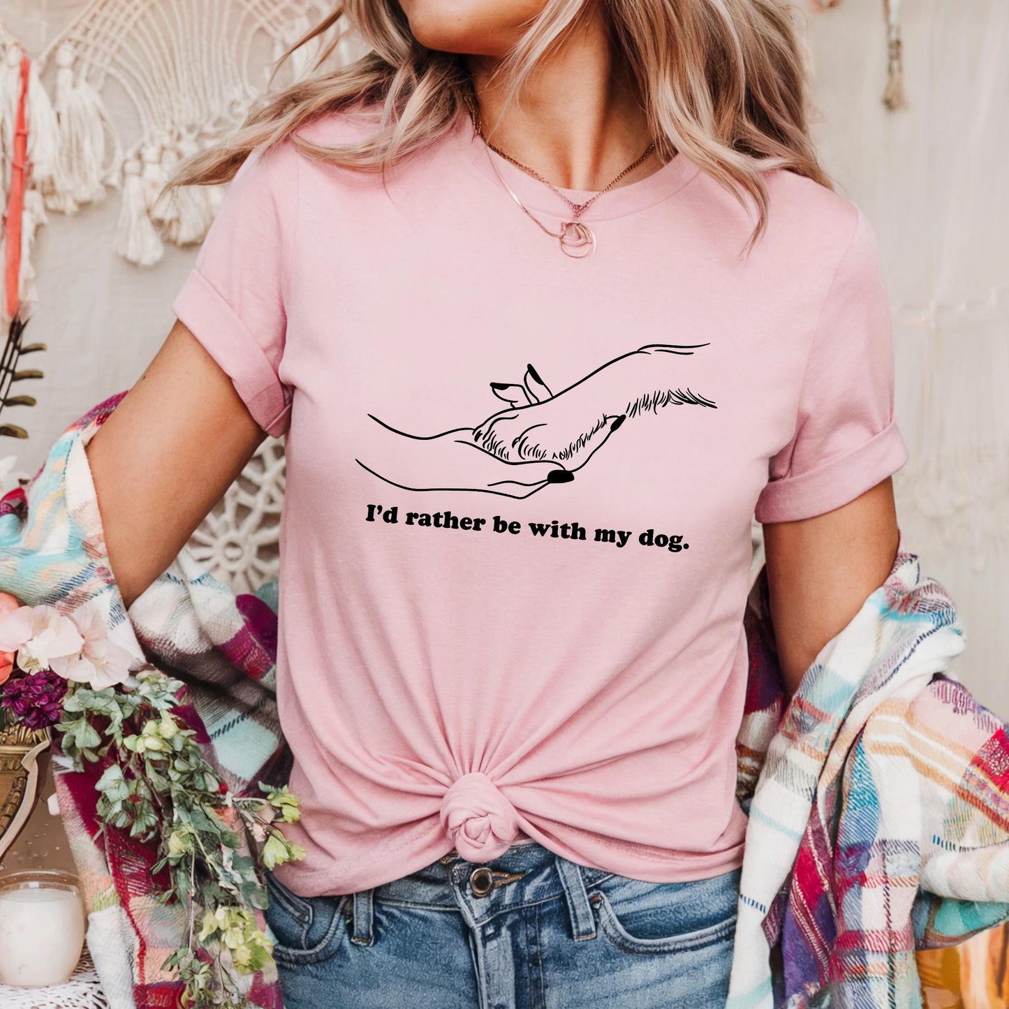 Dog Lover Hand Holding Paw Shirt – I'd Rather Be With My Dog Tee – Minimalist Pet Bond Graphic T-Shirt for Women AA138