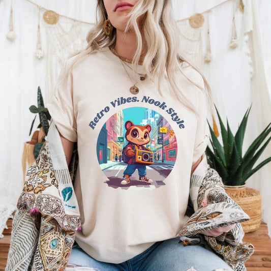 Boho Gamer Girl Shirt, Cozy Nook Style Tee, Soft Beige Animal Crossing Shirt, Cartoon Raccoon Top, Kawaii Retro Gaming Gift for Her