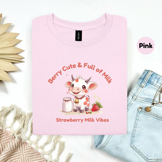 Kawaii Strawberry Milk Cow Shirt for Girls, Cute Pastel Animal Tee, Soft Pink Gift for Her, Adorable Anime-Inspired Graphic T-Shirt