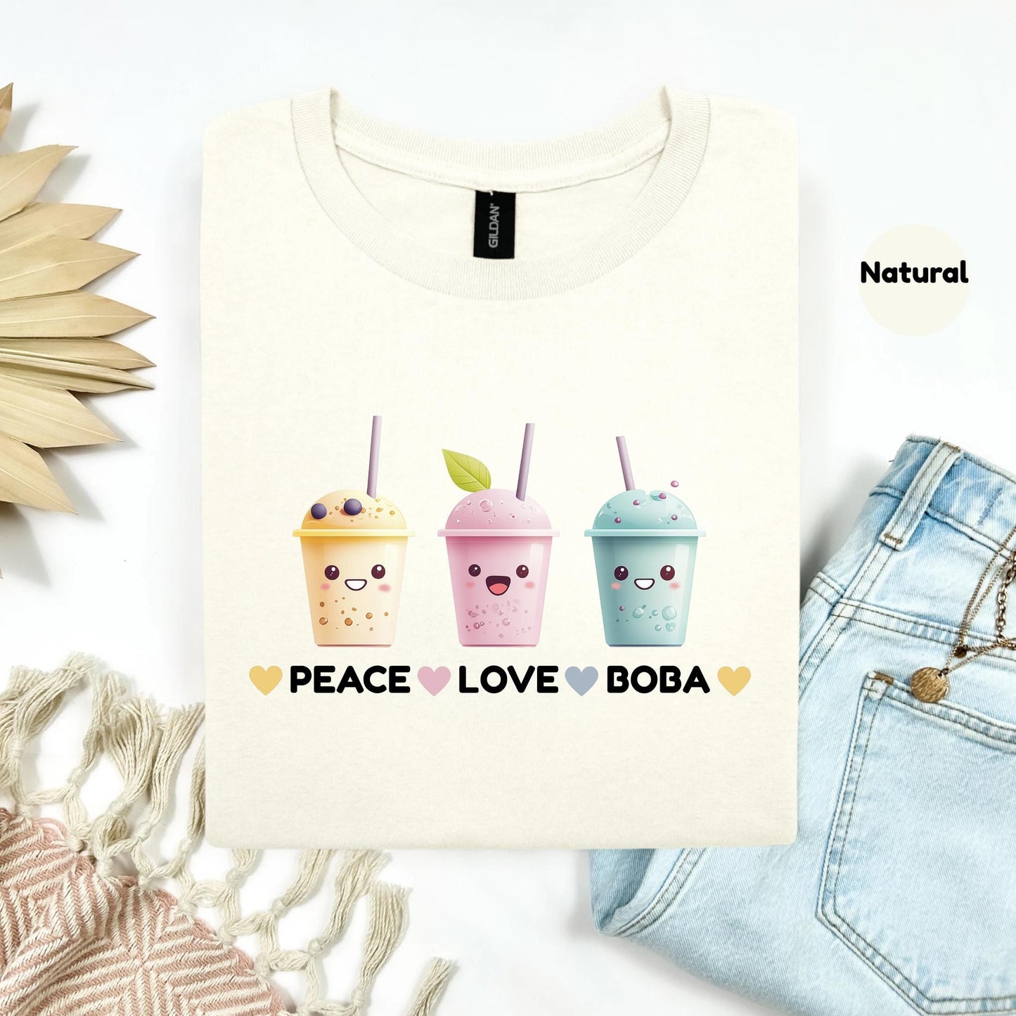 Peace Love Boba Bubble Tea Shirt for Men and Women, Funny Drink Culture Graphic Tee, Unisex Casual Pastel Top, Cool Gift for Boba Addicts
