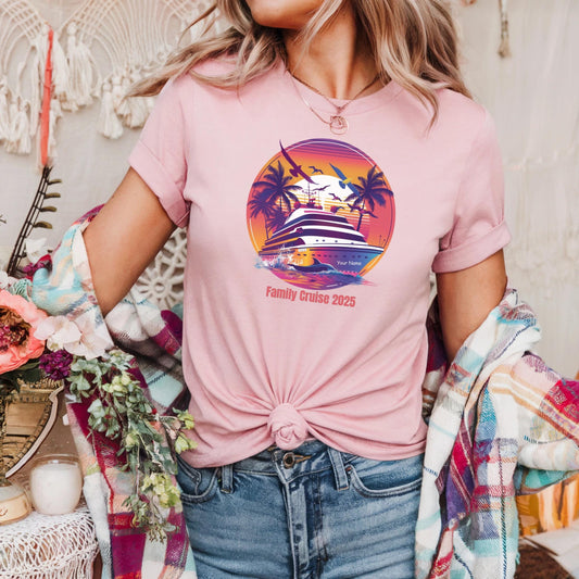 Personalized 2025 Cruise Shirt – Tropical Sunset Vacation Tee with Name – Gift for Cruise Lovers & Beach Trips