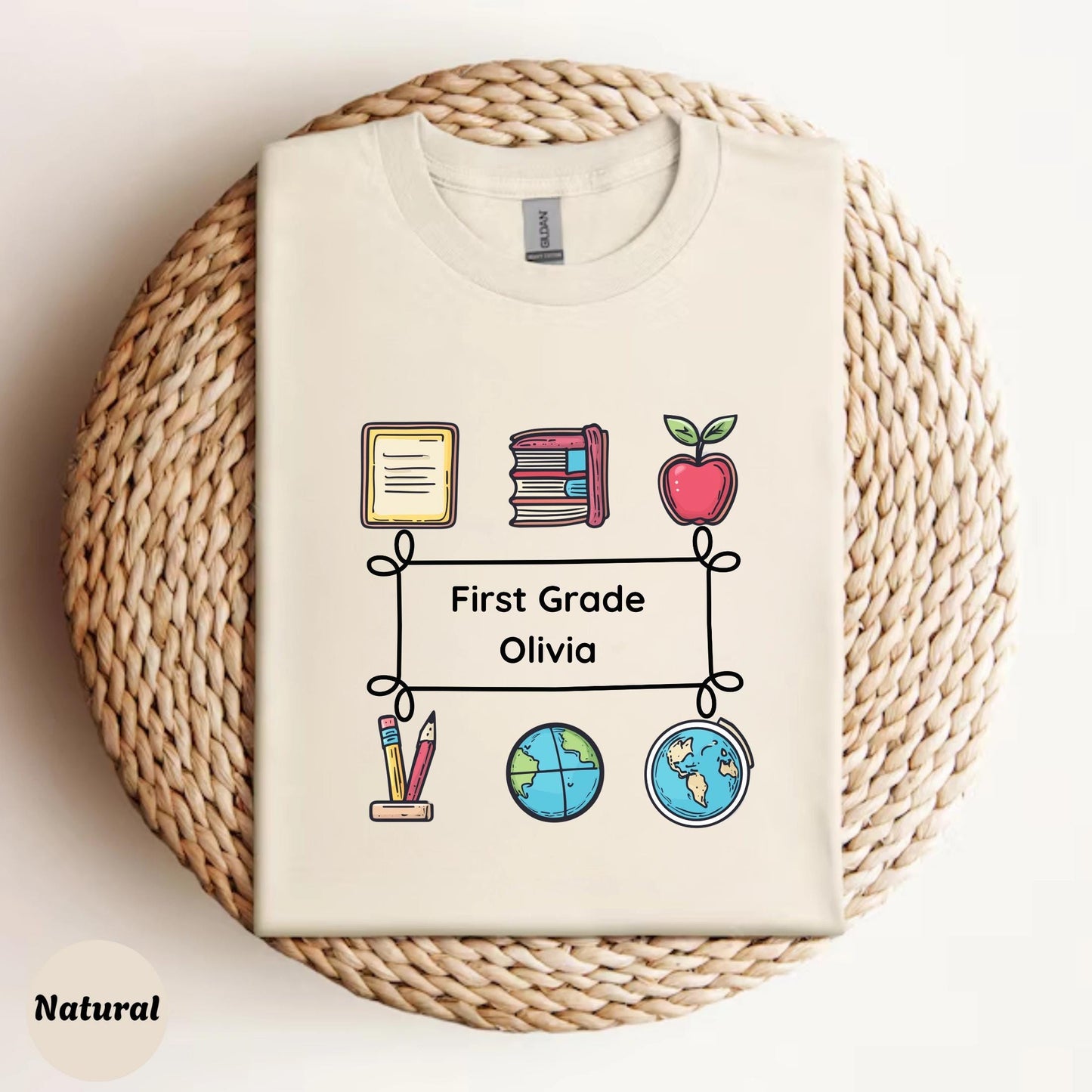 Back to School Custom Name Shirt – Fun Grade Level Tee with Cartoon School Icons | Cute Gift for Teacher, Girl or Student