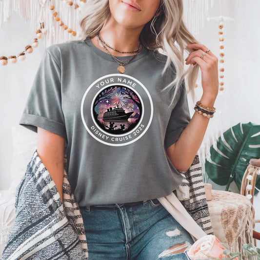 Personalized Disney Cruise Shirt 2025 – Custom Family Vacation Tee with Fireworks & Ship Graphic | Matching Cruise Group Shirt