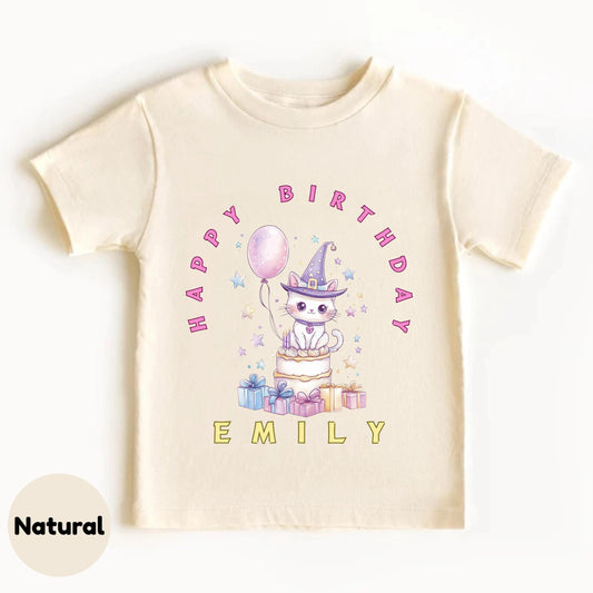 Magical Cat Birthday Shirt for Girls – Personalized Toddler Tee with Cute Cake & Gifts