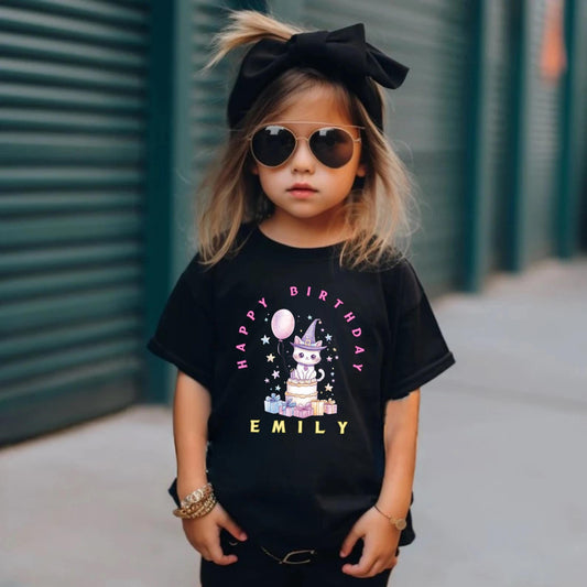 Magical Cat Birthday Shirt for Girls – Personalized Toddler Tee with Cute Cake & Gifts