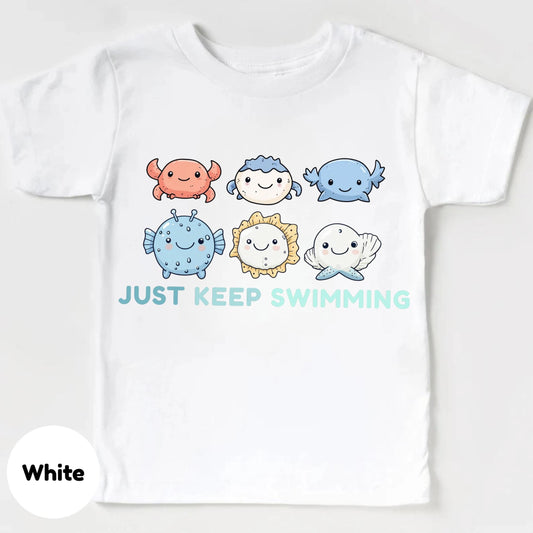 Just Keep Swimming Shirt for Kids,Inspirational Toddler Ocean Tee,Cute Kawaii Sea Creatures Shirt,Axolotl Birthday Top - Unisex Summer Tee