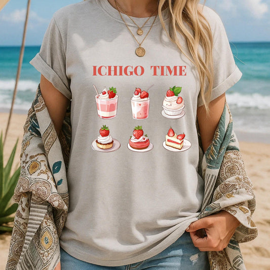 Retro Cafe Shirt, Beach Brunch T-Shirt with Strawberry Desserts, Summer Holiday Outfit, Soft Gray Aesthetic Graphic Tee , Vintage Food Shirt