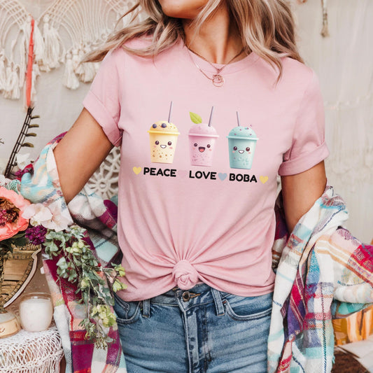Peace Love Boba Bubble Tea Shirt for Men and Women, Funny Drink Culture Graphic Tee, Unisex Casual Pastel Top, Cool Gift for Boba Addicts
