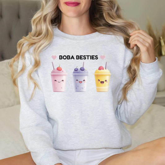 BOBA BESTIES Aesthetic Shirt for Girls, Cute Bubble Tea Outfit Tee, Soft Graphic T-Shirt for Selfie Lovers, Trendy Boba Top for OOTD Looks