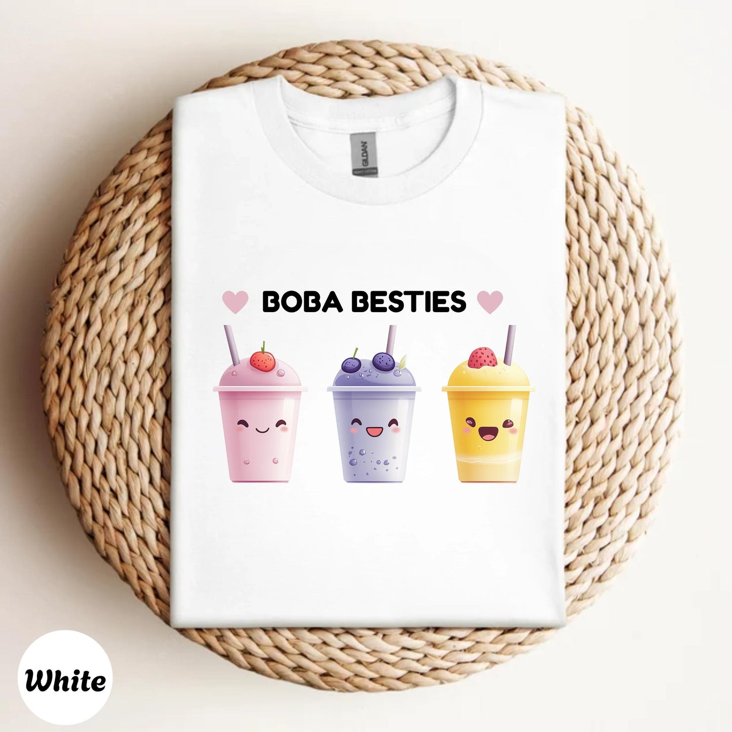 BOBA BESTIES Aesthetic Shirt for Girls, Cute Bubble Tea Outfit Tee, Soft Graphic T-Shirt for Selfie Lovers, Trendy Boba Top for OOTD Looks