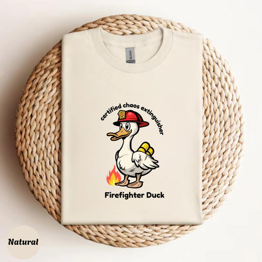Firefighter Duck Kids Shirt, Funny Cartoon Duck Tee, Chaos Extinguisher Graphic, Cute Animal Shirt for Boys Girls, Family Humor Gift