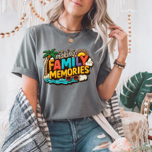Funny Vacation Shirt, Making Family Memories Tee, Colorful Beach Trip T-Shirt, Matching Group Travel Tee, Y2K Holiday Vibes Shirt 2506B005