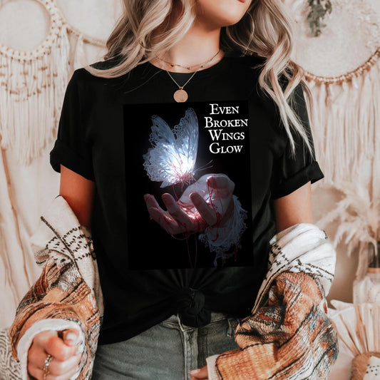 Emotional Goth Butterfly Shirt Even Broken Wings Glow T-Shirt for Healing Souls Dark Aesthetic Tee for Women and Men AA44