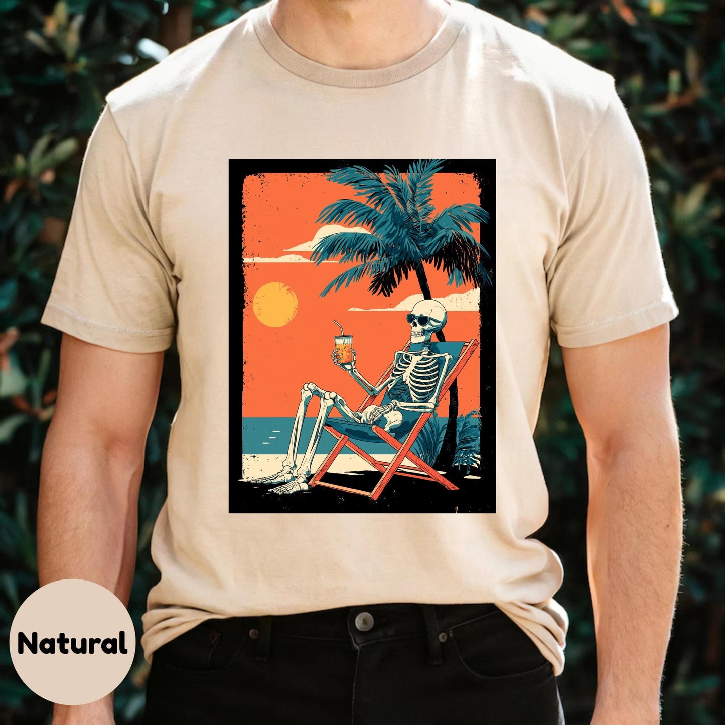 Skeleton Beach Shirt Funny Tropical Goth Tee Vintage Sunset Vacay Graphic T-Shirt for Halloween and Summer Vibes AA43