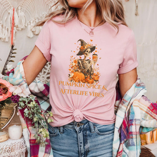Gothic Pumpkin Skeleton Shirt Vintage Halloween Coffee Tee Afterlife Humor T-Shirt for Spooky Season Unisex AA38