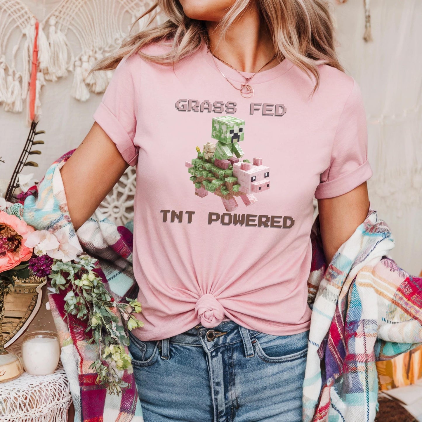 Retro Y2K Pixel Pig Shirt Grass Fed TNT Powered Graphic Tee Funny Blocky Animal Aesthetic for Teens Unisex AA34