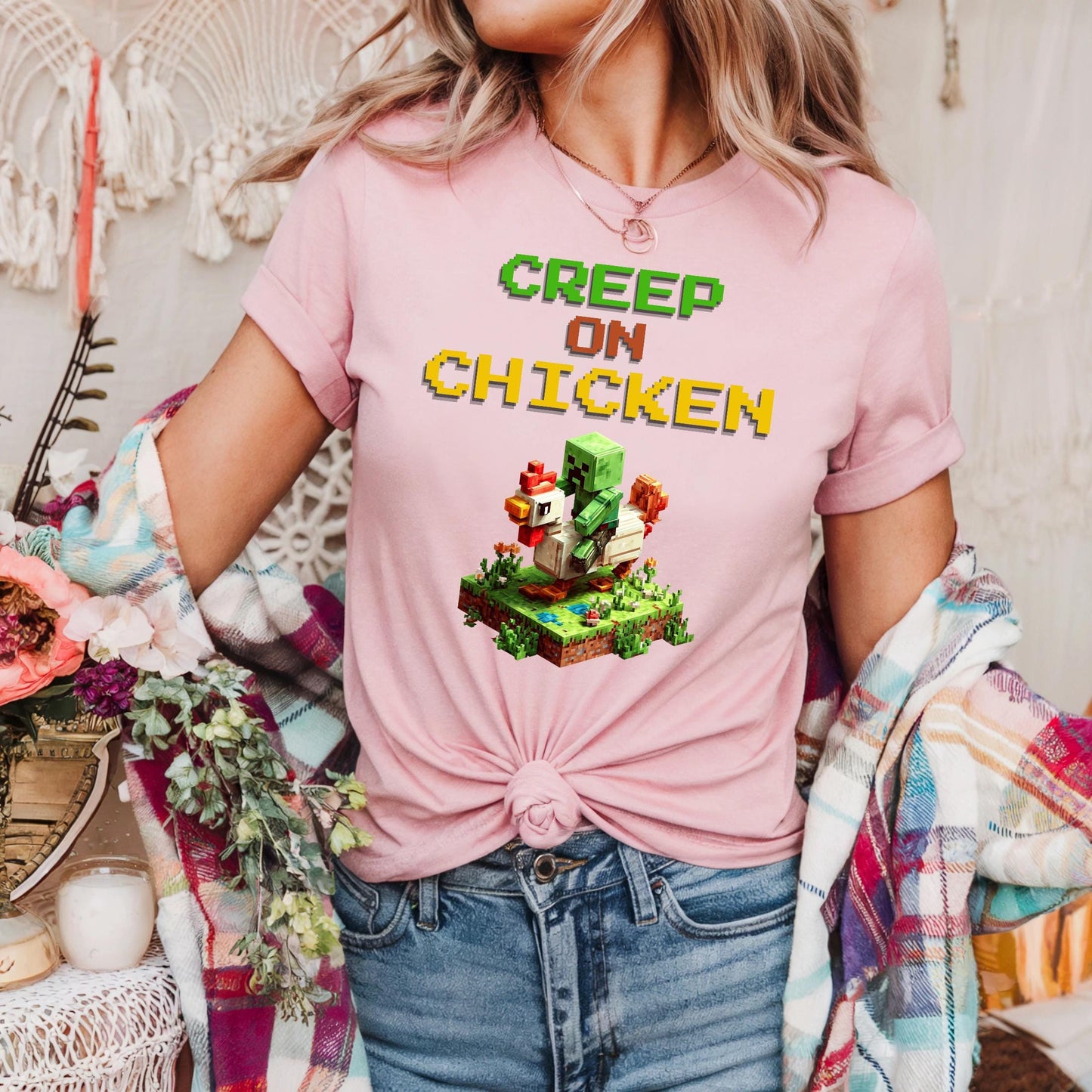 Funny Pixel Chicken Shirt Gamer Meme Graphic Tee for Teens Boys Retro Block Chicken Rider T-Shirt AA32
