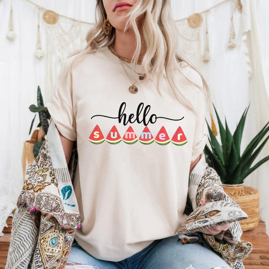Teacher Hello Summer Shirt with Watermelon Letters, Cute Seasonal Graphic Tee, Funny Fruit Outfit for Women AA26