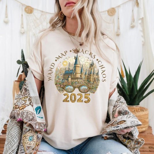 Funny Wizard Chaos Shirt 2025, Magic Castle T-Shirt with Wand Map Snacks Quote, Whimsical Vacation Tee for Adults AA23