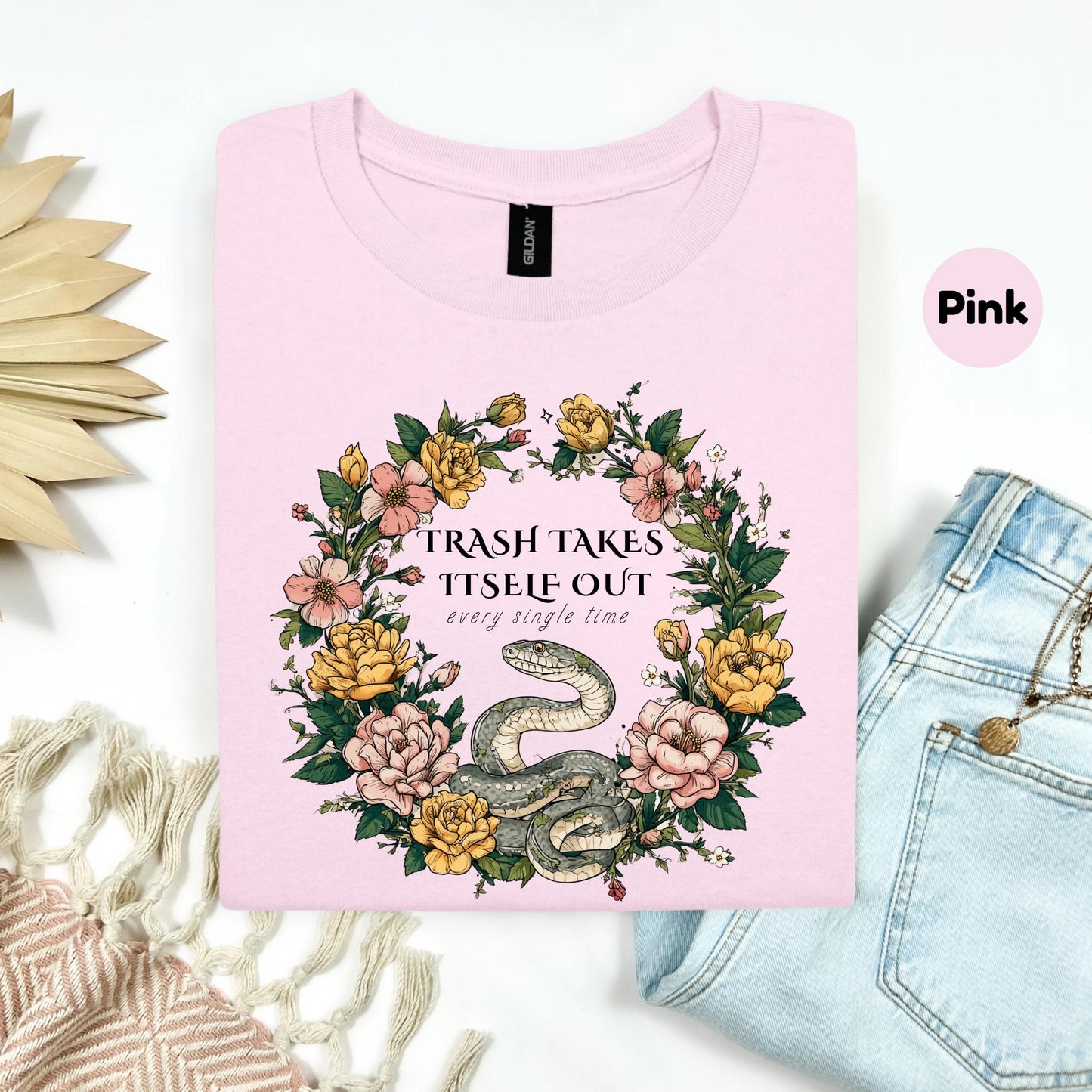 Funny Snake Shirt Trash Takes Itself Out Tee, Floral Sarcastic Quote Gift, Sassy Graphic T-Shirt for Best Friends AA17