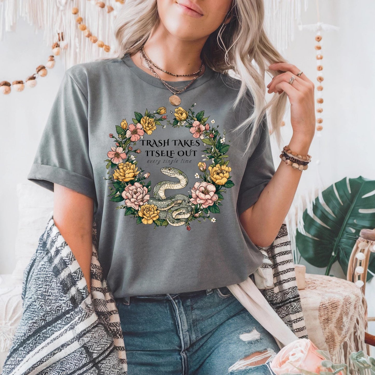 Funny Snake Shirt Trash Takes Itself Out Tee, Floral Sarcastic Quote Gift, Sassy Graphic T-Shirt for Best Friends AA17