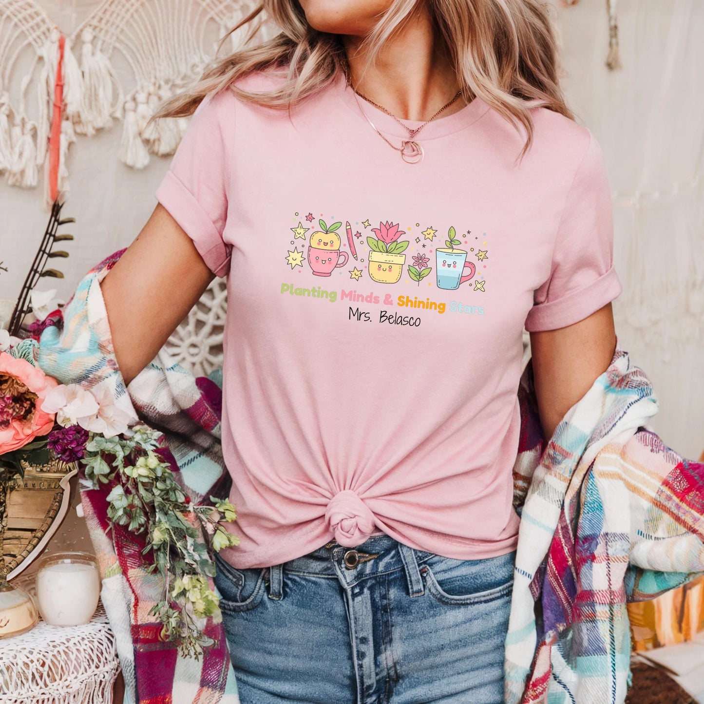 Cute Gardening Teacher Shirt – “Planting Minds & Shining Stars” Custom Floral Tee, Unisex Fit, Teacher Day Gift Idea