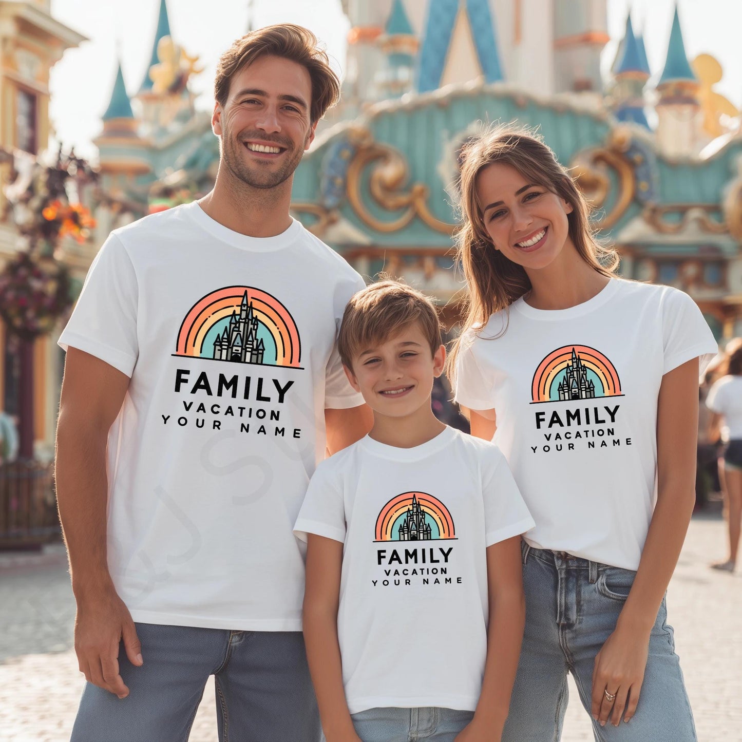 Custom Family Vacation Shirt with Castle, Retro Rainbow Matching Tees, Personalized Park Trip Outfits for Kids and Parents AA52