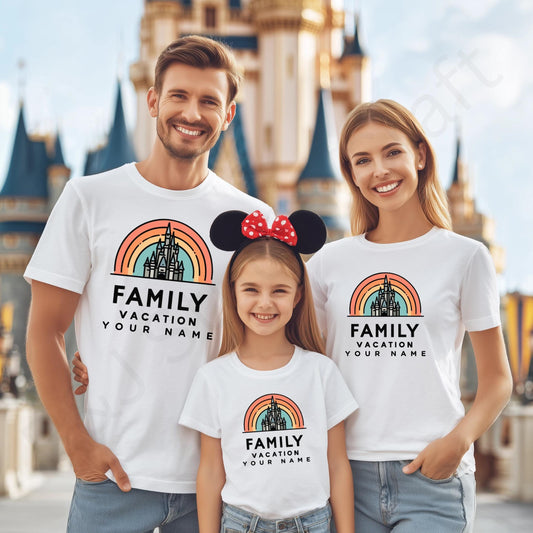 Custom Family Vacation Shirt with Castle, Retro Rainbow Matching Tees, Personalized Park Trip Outfits for Kids and Parents AA52