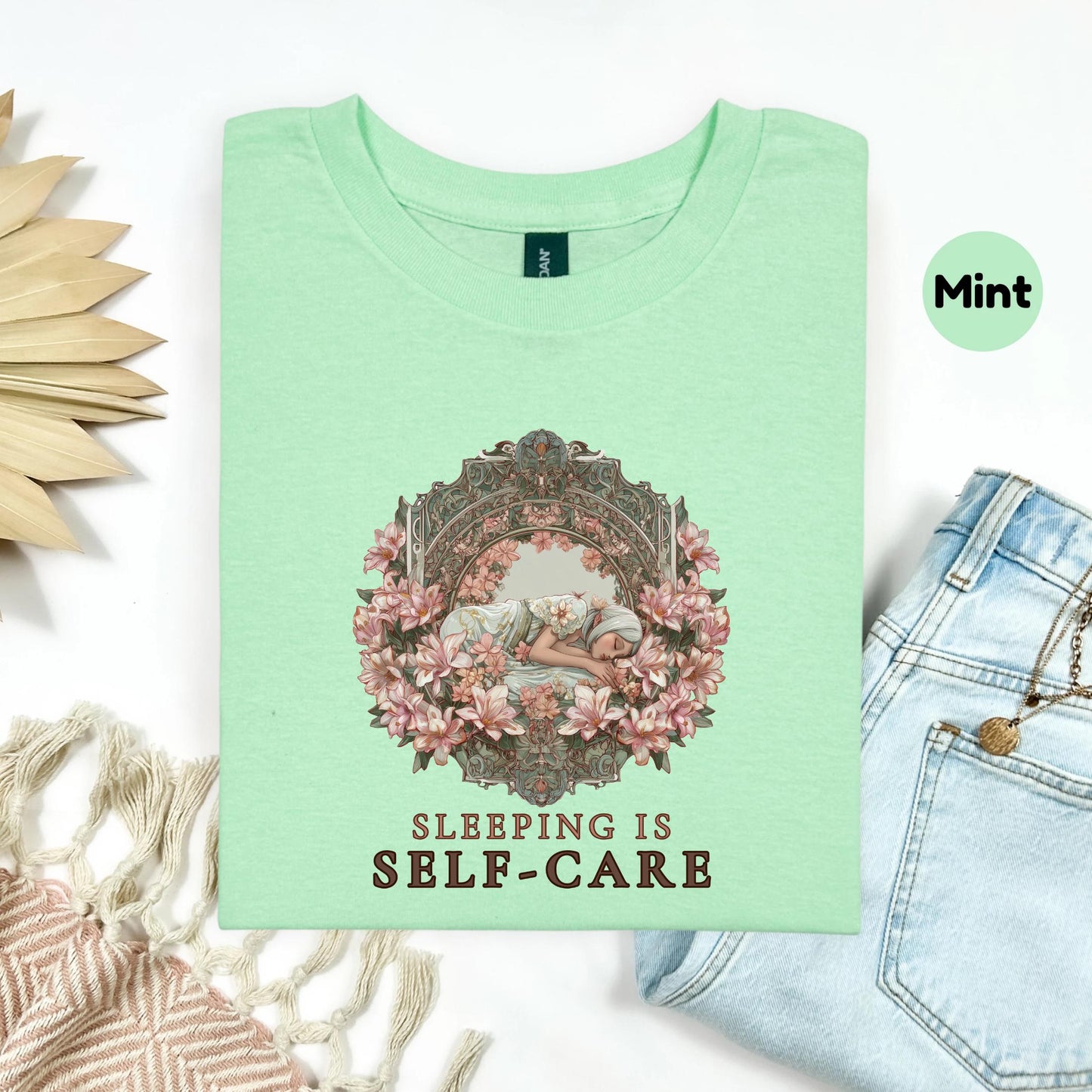 Floral Self-Care Shirt for Women - Sleeping Is Self Care Tee, Vintage Art Nouveau Graphic Tee, Rest Lover Gift Top AA64